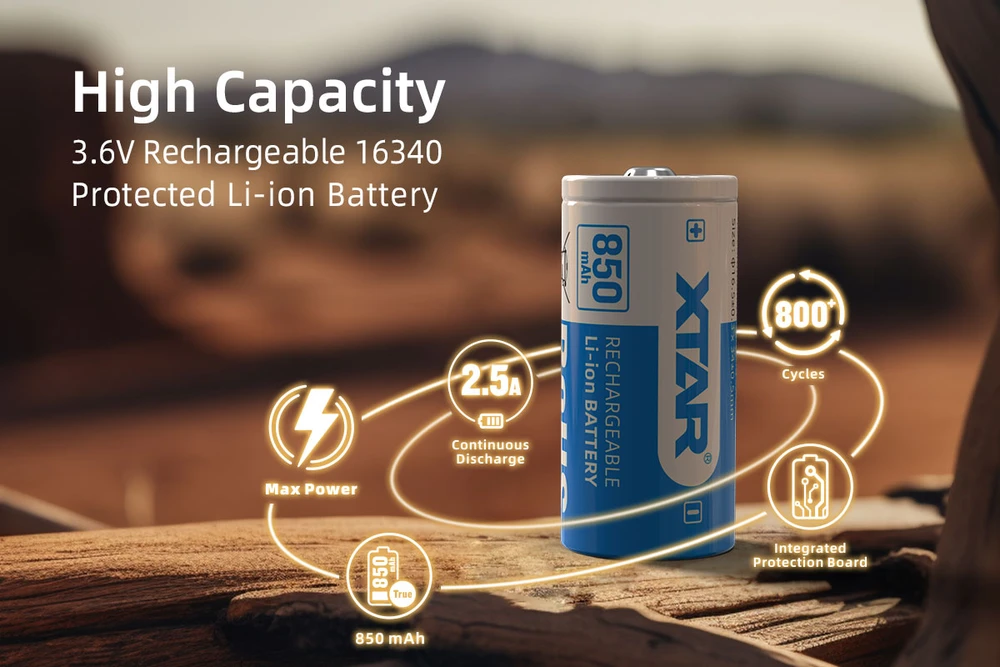 Xtar 850mAh 3,6V 16340 CR123 akumuliatorius su PCB