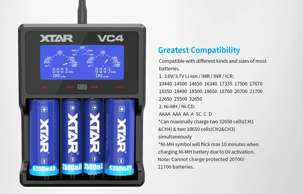 Baterijų įkroviklis XTAR VC4 18650 AA AAA elementam ni-MH li-ion 4 vietų 