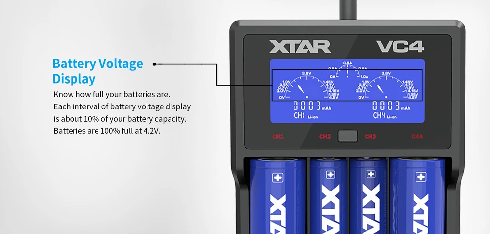 Baterijų įkroviklis XTAR VC4 18650 AA AAA elementam ni-MH li-ion 4 vietų 