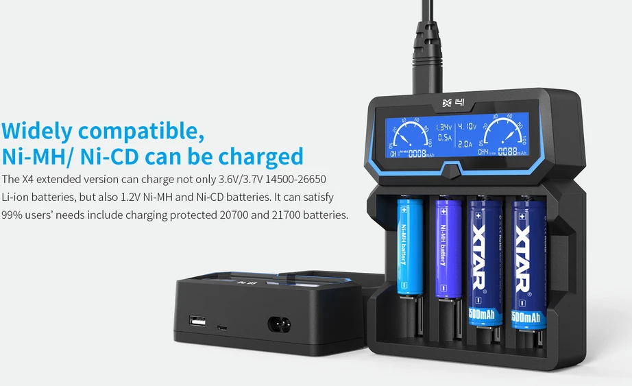 Xtar universalus 4 x Li-ion ir Ni-MH akumuliatorių įkroviklis su LCD ekranu X4
