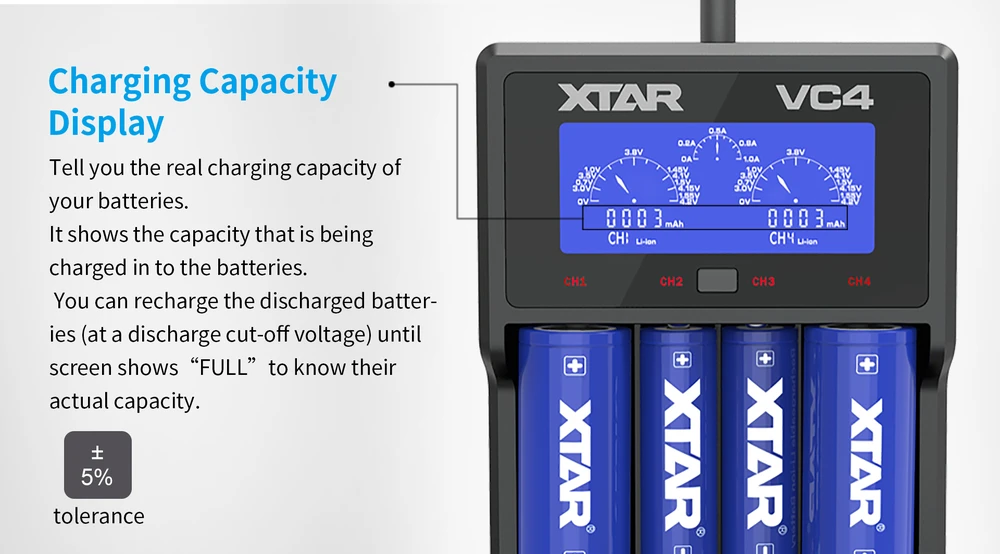 Baterijų įkroviklis XTAR VC4 18650 AA AAA elementam ni-MH li-ion 4 vietų 