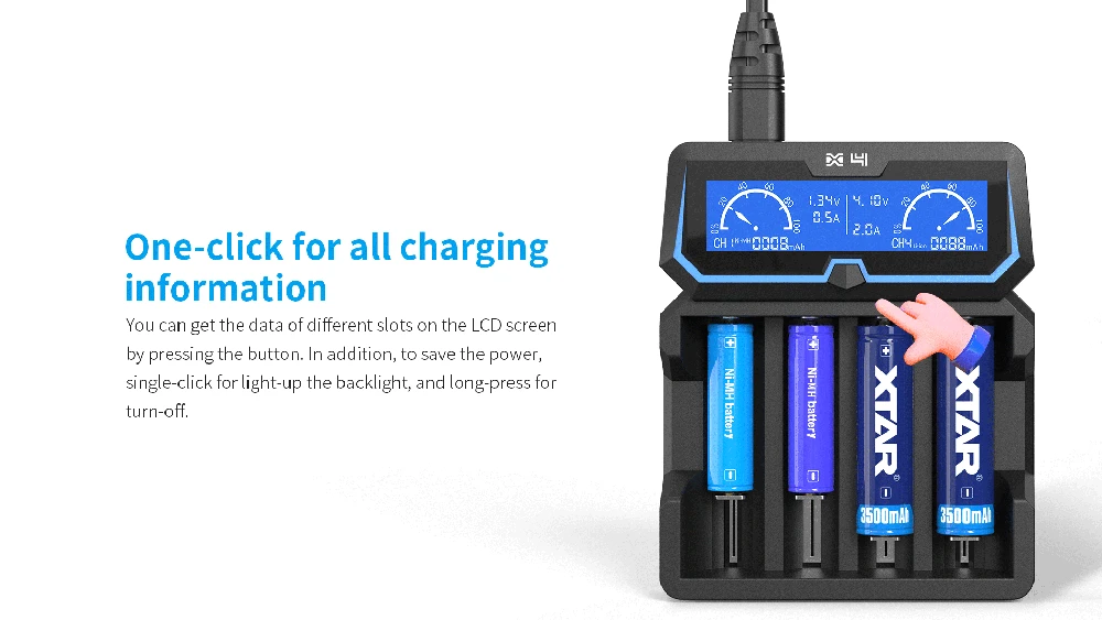 Xtar universalus 4 x Li-ion ir Ni-MH akumuliatorių įkroviklis su LCD ekranu X4