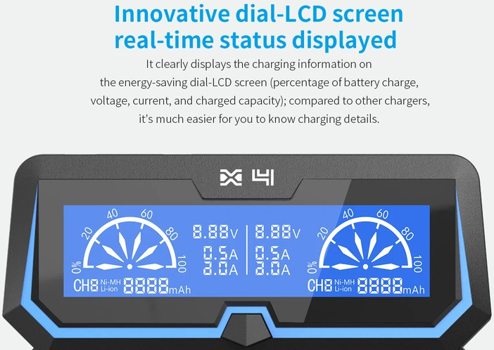 Xtar universalus 4 x Li-ion ir Ni-MH akumuliatorių įkroviklis su LCD ekranu X4