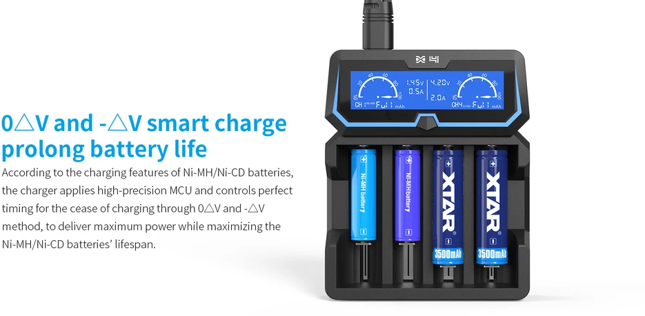 Xtar universalus 4 x Li-ion ir Ni-MH akumuliatorių įkroviklis su LCD ekranu X4