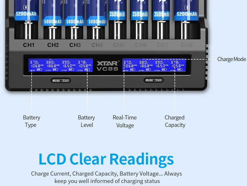 Xtar universalus 8 x Li-ion ir Ni-MH akumuliatorių įkroviklis su LCD ekranu VC8S
