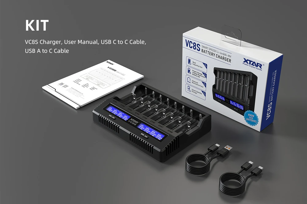 Xtar universalus 8 x Li-ion ir Ni-MH akumuliatorių įkroviklis su LCD ekranu VC8S