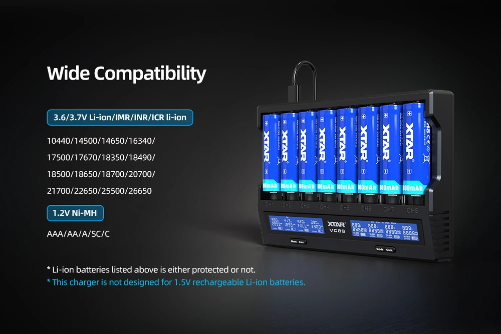 Xtar universalus 8 x Li-ion ir Ni-MH akumuliatorių įkroviklis su LCD ekranu VC8S