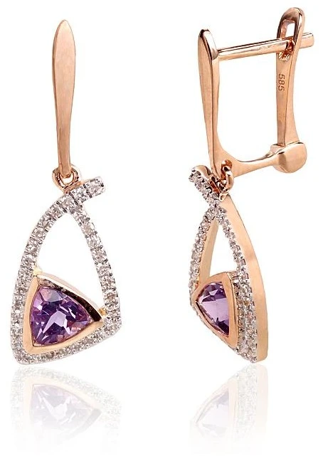 Diamond Sky Jewelry Auksiniai auskarai su deimantais ir ametistais „Šviesos Geometrija“