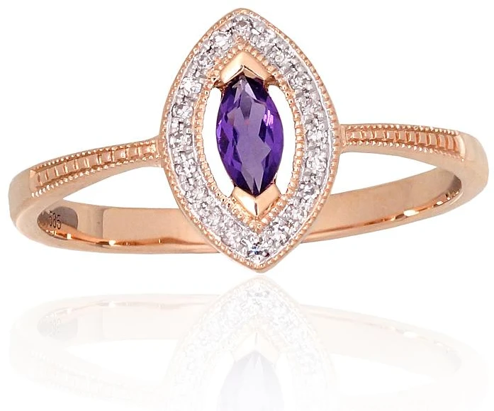 Diamond Sky Jewelry Auksinis žiedas su deimantais ir ametistais „Aleksandrija II“