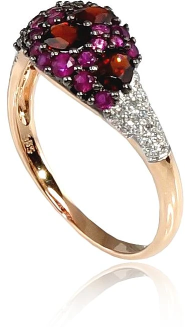 Diamond Sky Jewelry Auksinis žiedas su deimantais, rubinais ir granatais „Saulėta Simfonija II“