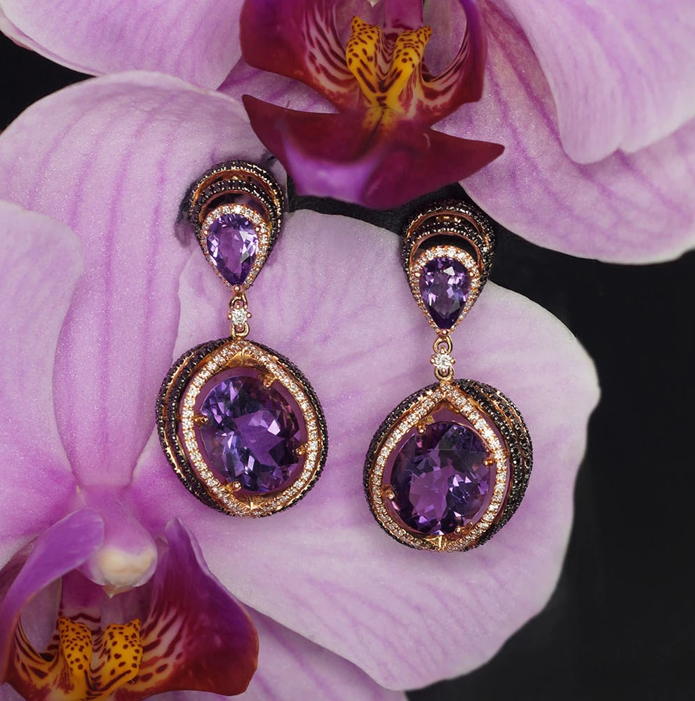 Diamond Sky Jewelry Auksiniai auskarai su deimantais ir ametistais „Žvaigždynas“