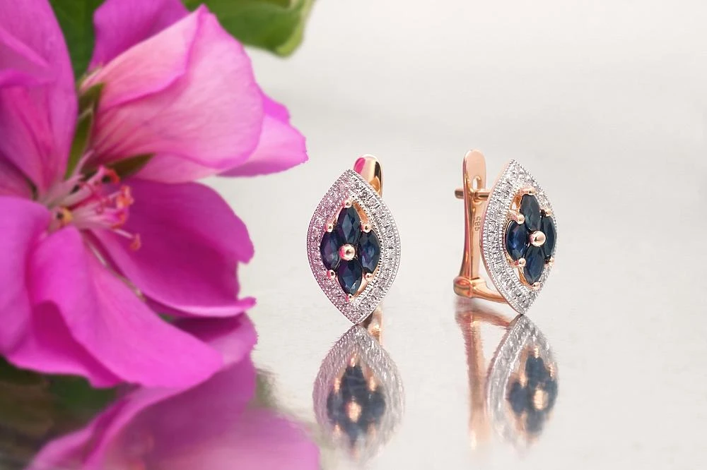 Diamond Sky Jewelry Auksiniai auskarai su deimantais ir safyrais „Aleksandrija V“