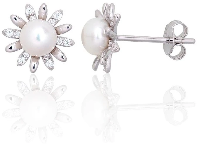 Diamond Sky Jewelry Sidabriniai auskarai su cirkoniais ir perlais „Daisy Light“
