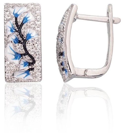 Diamond Sky Jewelry Sidabriniai auskarai su cirkoniais ir emaliu „Sakura Frost“