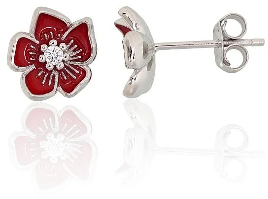 Diamond Sky Jewelry Vaikiški sidabriniai auskarai su cirkoniais ir emaliu „Scarlet Flower II“