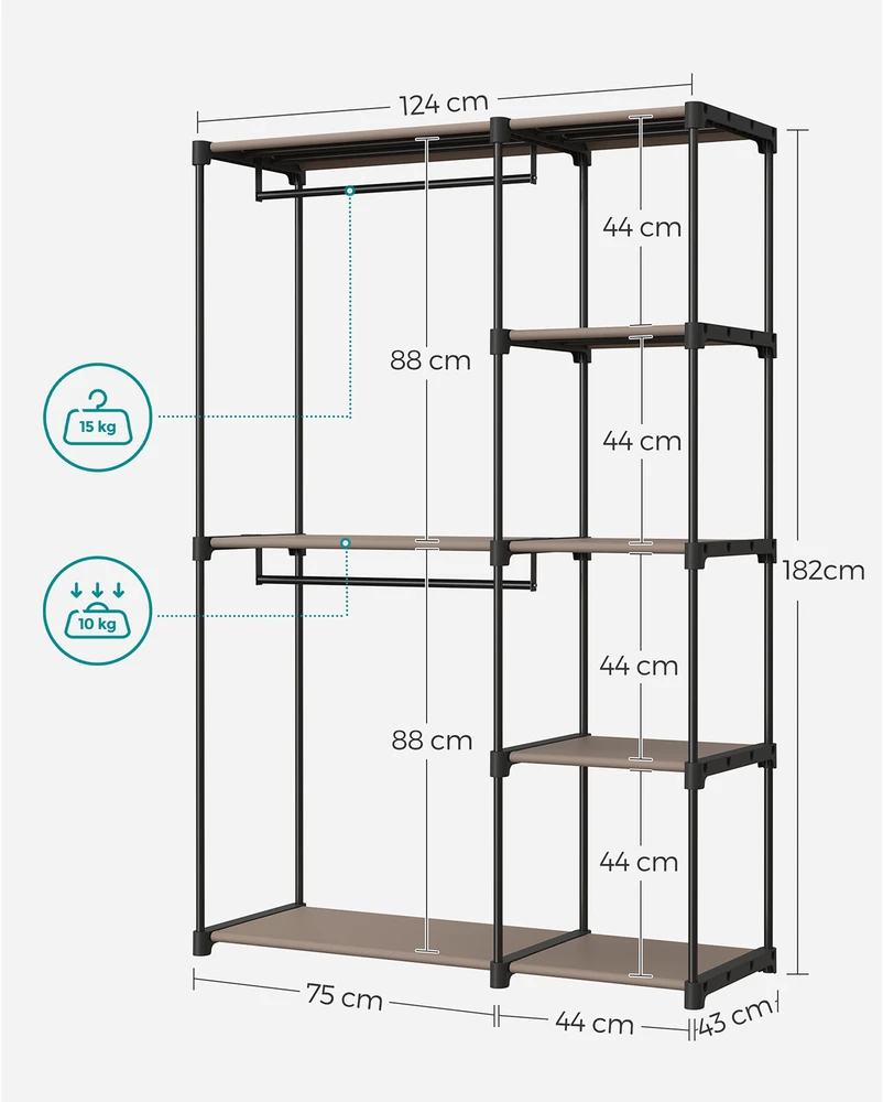 Songmics Atvira drabužių spinta su drabužių lentynomis 43 x 124 x 182 cm Taupe