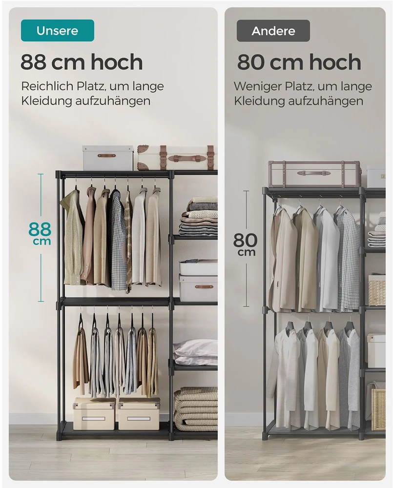 Songmics Atvira drabužių spinta su drabužių lentynomis 43 x 124 x 182 cm juoda