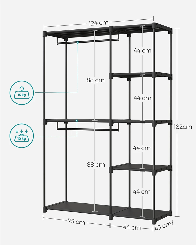 Songmics Atvira drabužių spinta su drabužių lentynomis 43 x 124 x 182 cm juoda