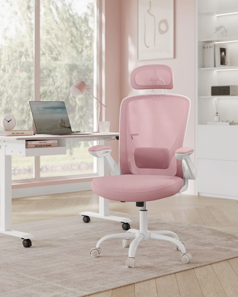 Songmics Ergonomiška biuro kėdė su supimo funkcija pastelinės rožinės spalvos