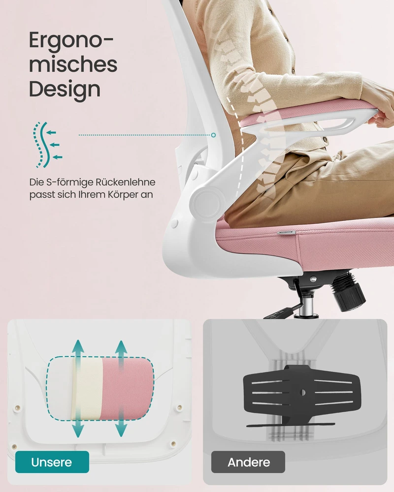Songmics Ergonomiška biuro kėdė su supimo funkcija pastelinės rožinės spalvos