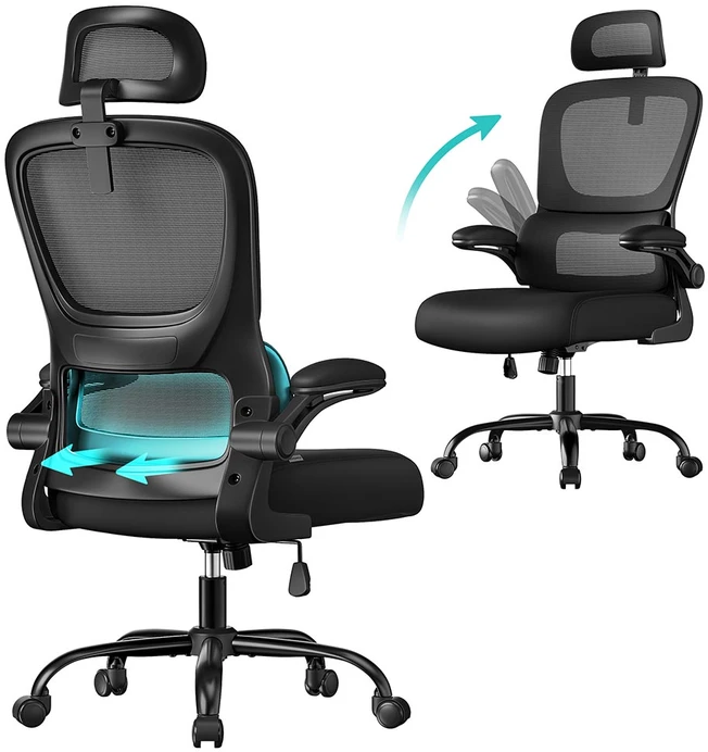 Songmics Ergonomiška biuro kėdė su tinkleliu ir atlenkiamais porankiais