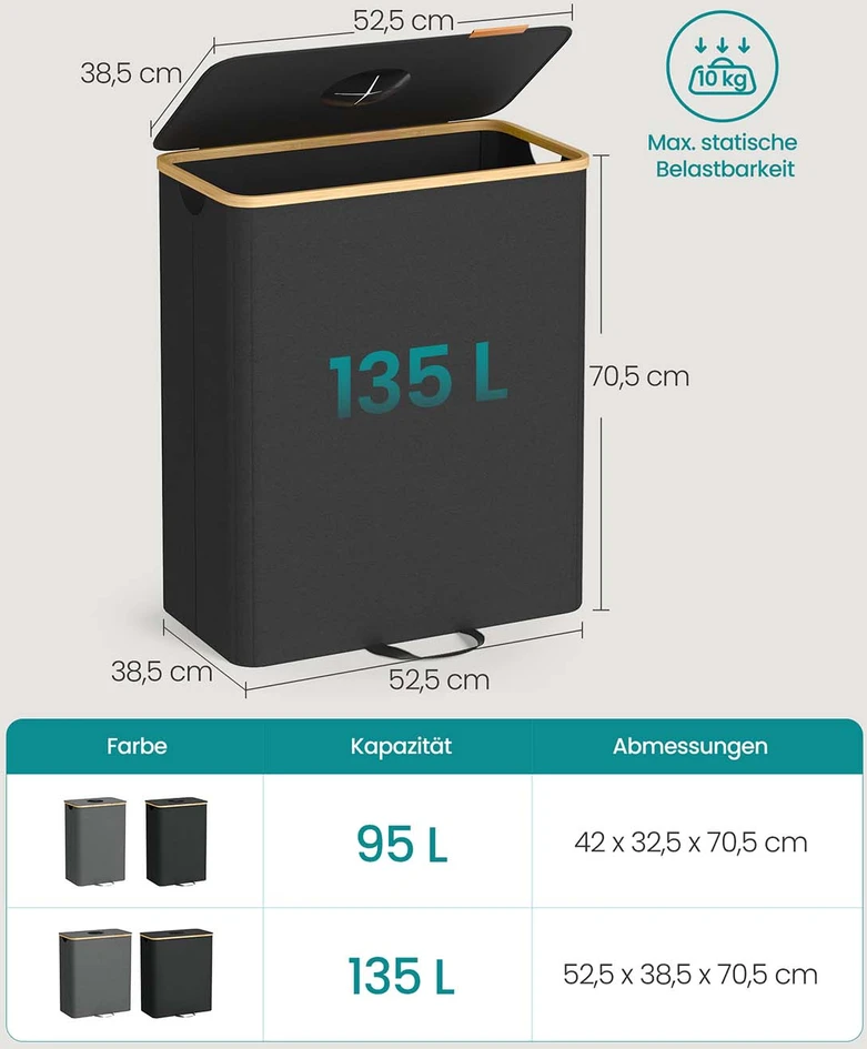 SONGMICS 135 l talpos butelių surinkimo konteineris, tamsiai juodos ir natūralios smėlio spalvos