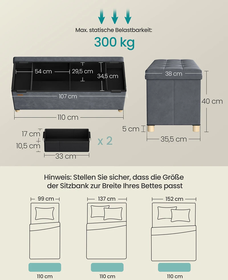 Songmics Suolas su daiktadėže 38 x 110 x 40 cm Kojinė 112 L šiferio pilka