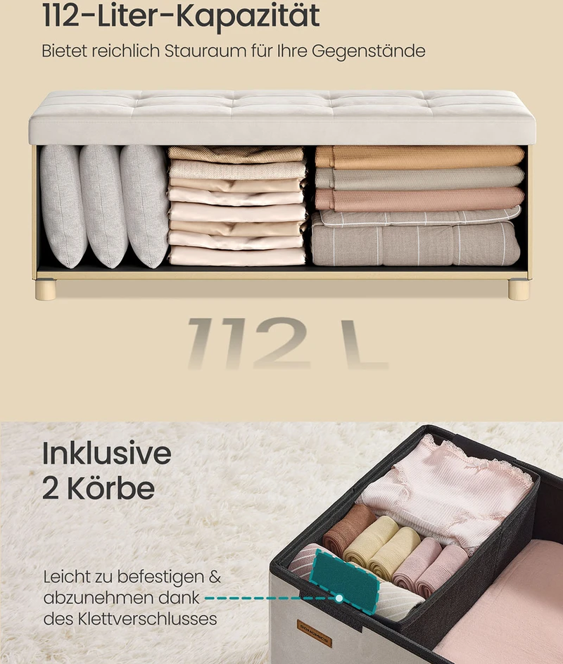 Songmics Suolas su daiktadėže 38 x 110 x 40 cm Kojinė 112 L cappuccino beige