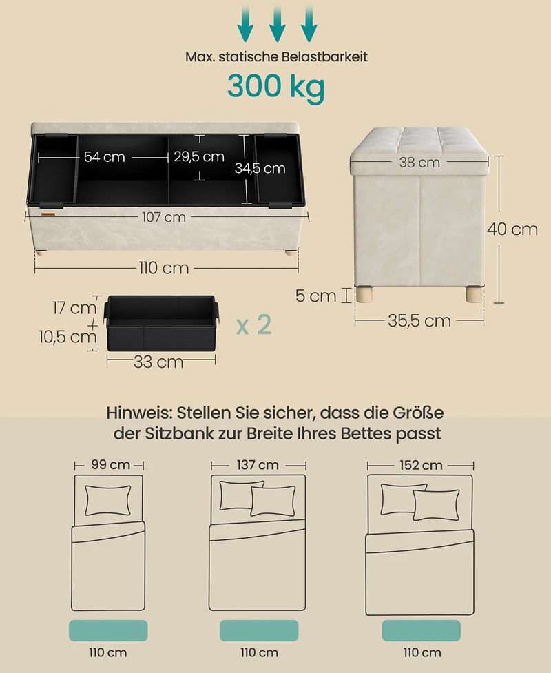 Songmics Suolas su daiktadėže 38 x 110 x 40 cm Kojinė 112 L cappuccino beige