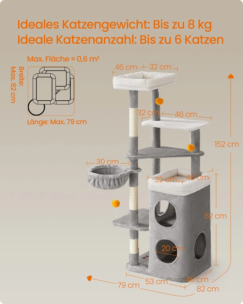 Songmics Kačių draskyklė su urveliais ir platformomis, 152 cm