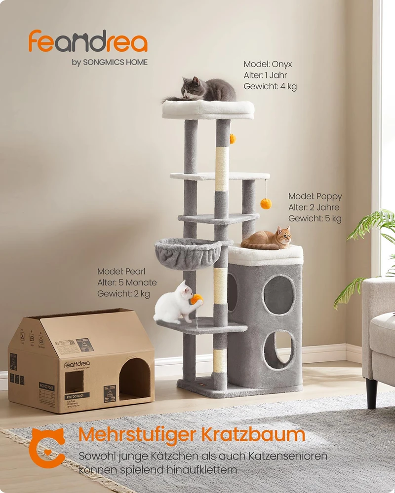Songmics Kačių draskyklė su urveliais ir platformomis, 152 cm