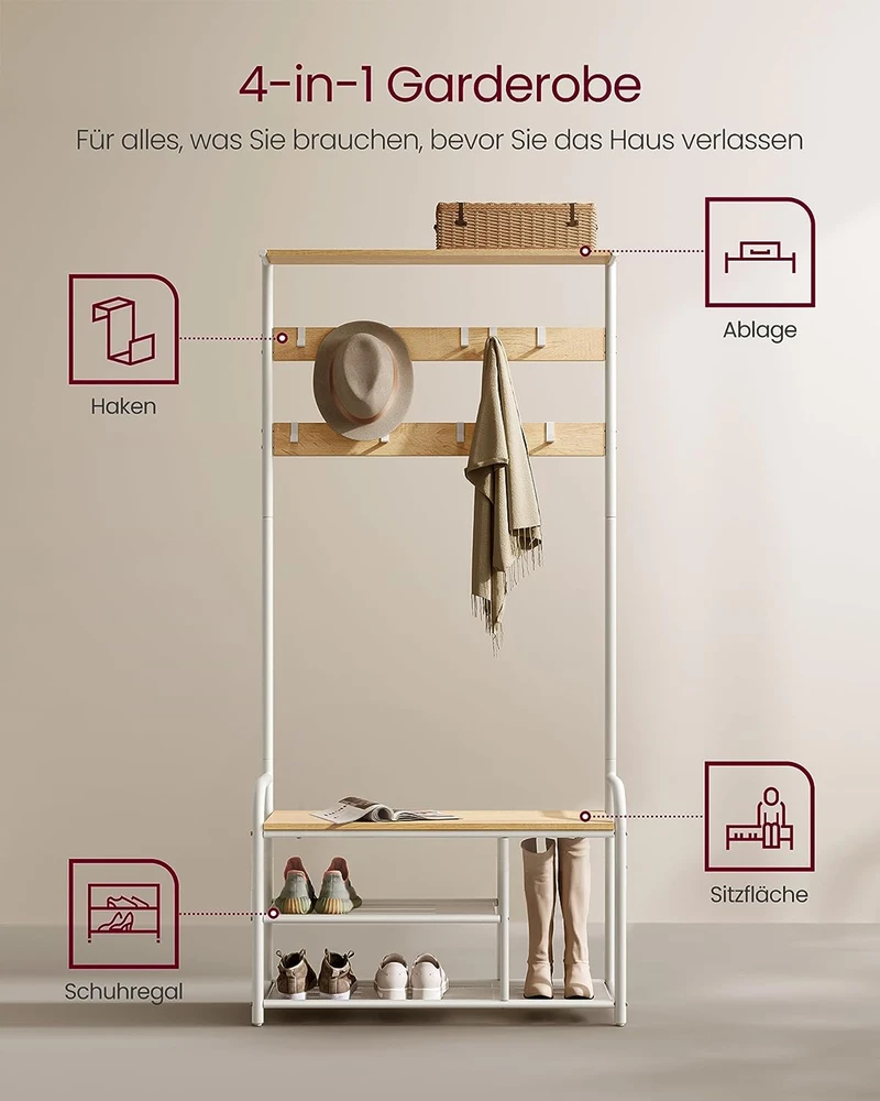 Songmics Vasagle Drabužių lentyna su 9 kabliukais 30 x 85 x 180,5 cm ąžuolo spalvos-baltos spalvos