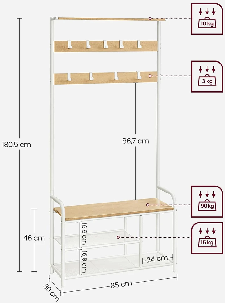 Songmics Vasagle Drabužių lentyna su 9 kabliukais 30 x 85 x 180,5 cm ąžuolo spalvos-baltos spalvos
