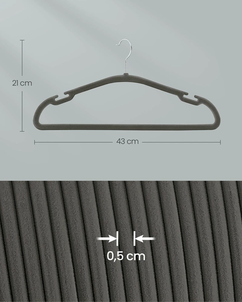 Songmics 50 drabužių pakabų rinkinys 43 x 21 cm pilkos spalvos