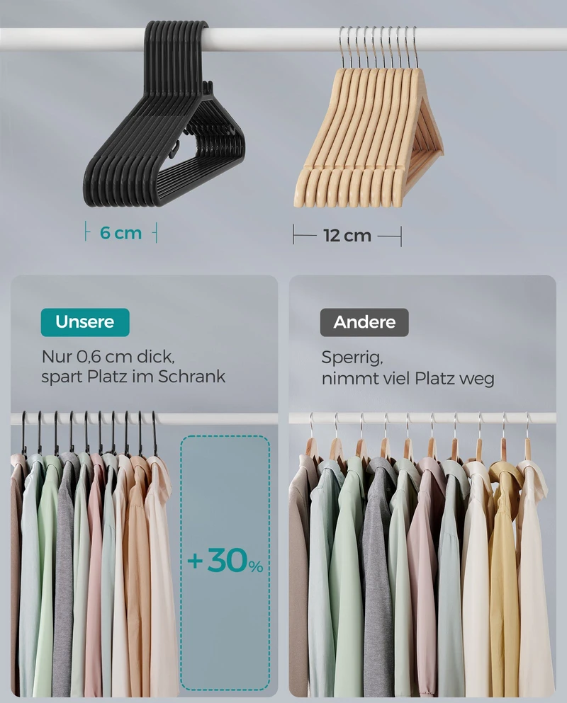 Songmics Plastikinių drabužių pakabų rinkinys, 50 lengvų juodų