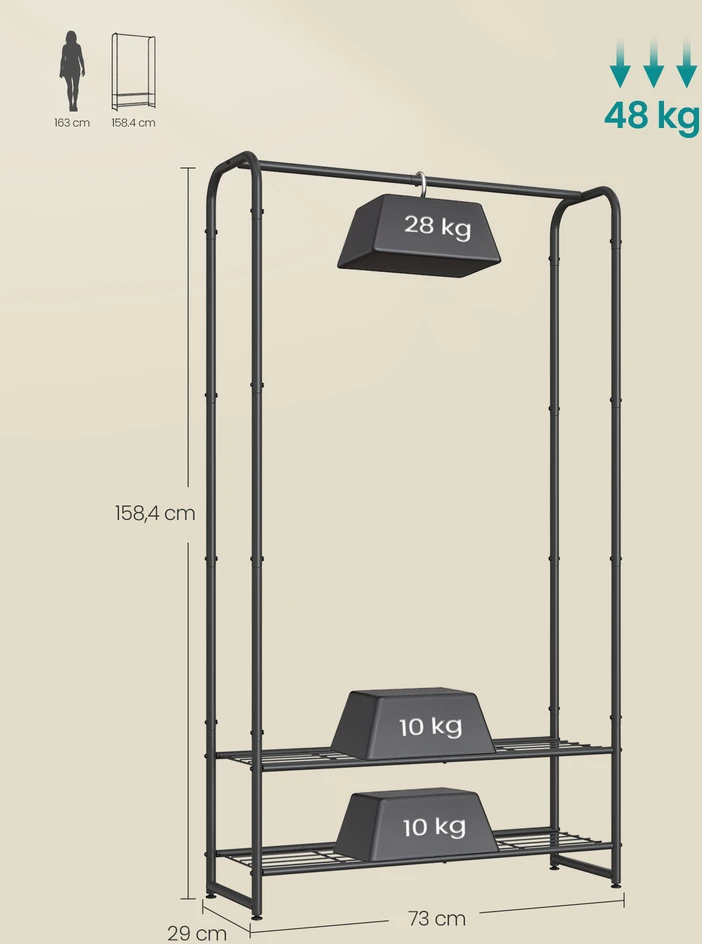 Songmics Drabužių lentyna su lentynomis 29 x 73 x 158,4 cm matinės juodos spalvos