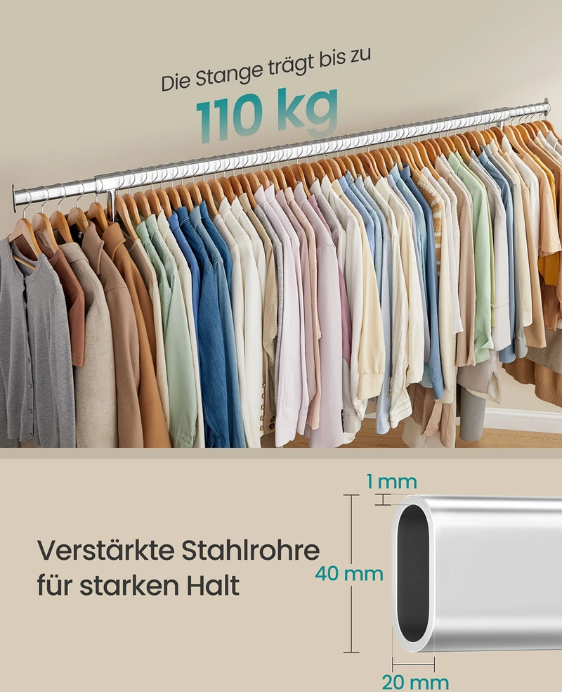 Songmics Drabužių lentyna ant ratukų 45 x (160-200) x 162,9 cm sidabrinė