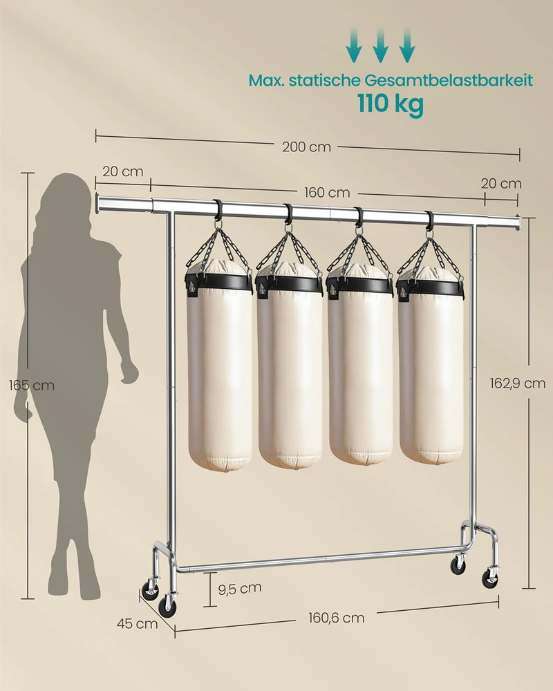 Songmics Drabužių lentyna ant ratukų 45 x (160-200) x 162,9 cm sidabrinė