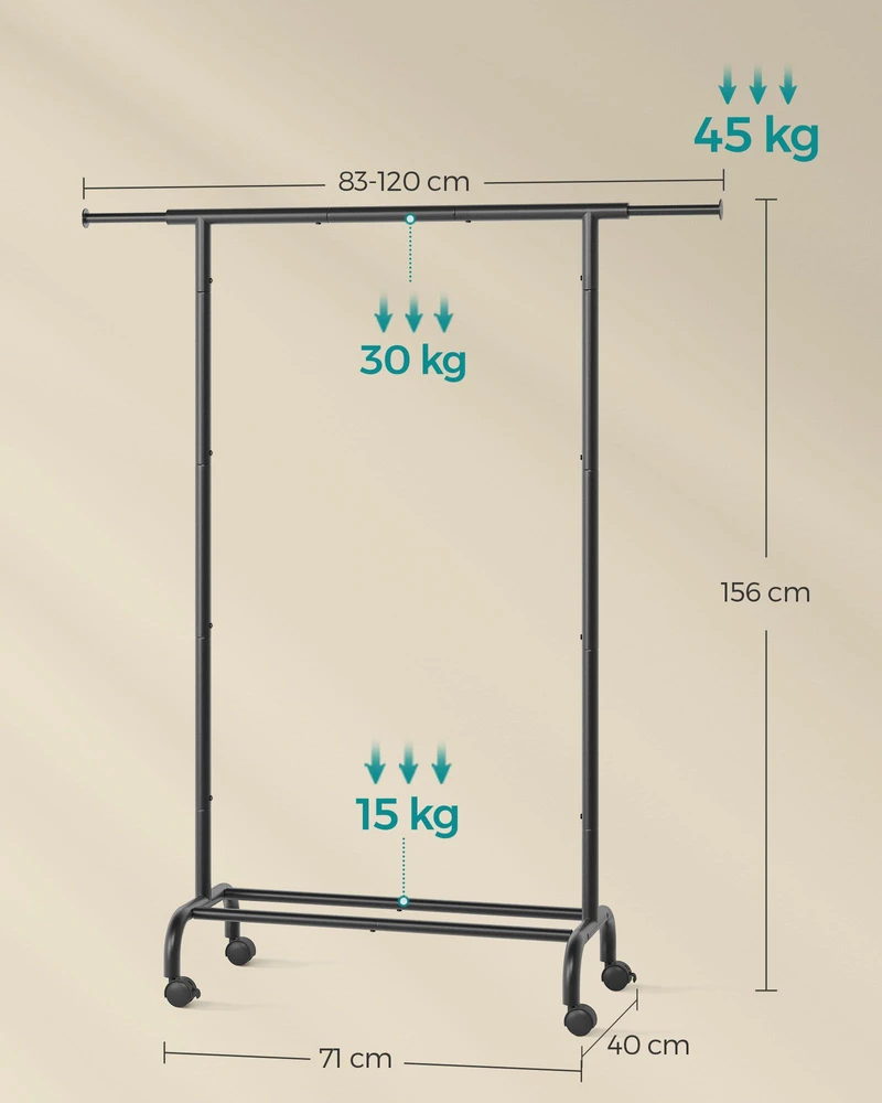 Songmics Drabužių laikiklis ant ratukų, pakraunamas iki 45 kg rašalas juodas