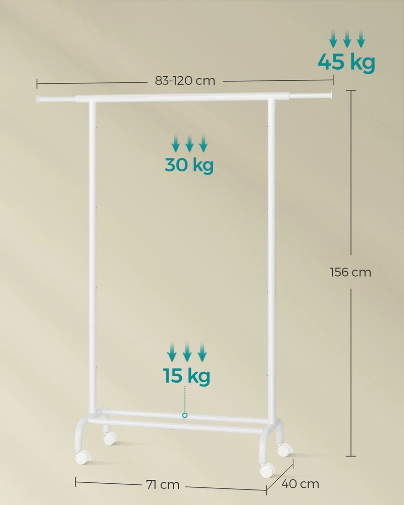 Songmics Drabužių lentyna ant ratukų, pakraunama iki 45 kg drumstai balta