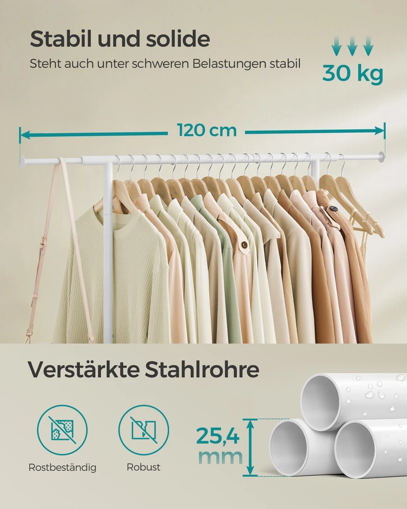 Songmics Drabužių lentyna ant ratukų, pakraunama iki 45 kg drumstai balta