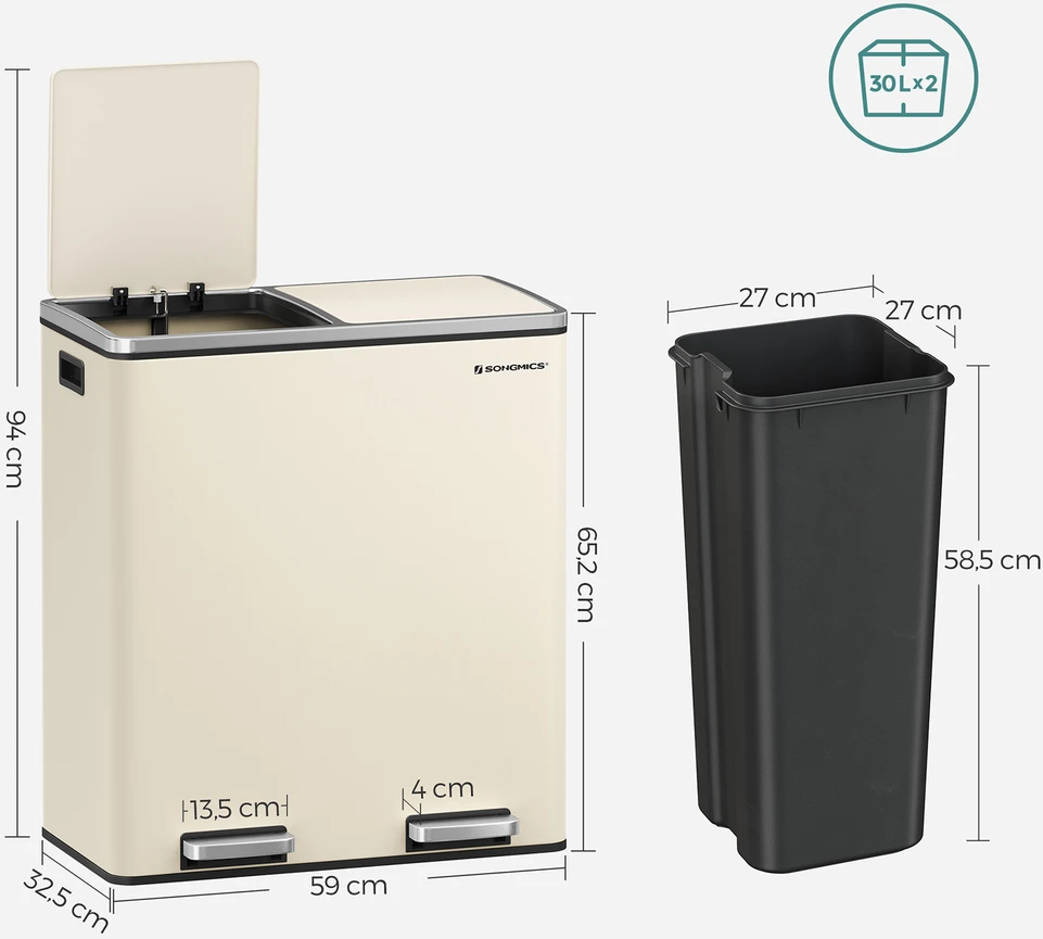 Songmics 2 x 30 litrų talpos šiukšliadėžė su dangčiu ir vidine šiukšliadėže kreminės spalvos balta