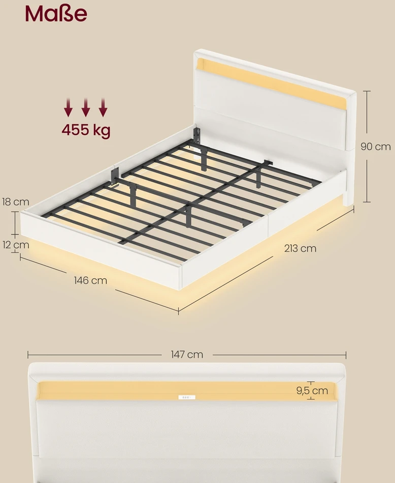 Songmics Vasagle Lovos rėmas su LED apšvietimu ir įkrovimo stotele 140 x 200 cm