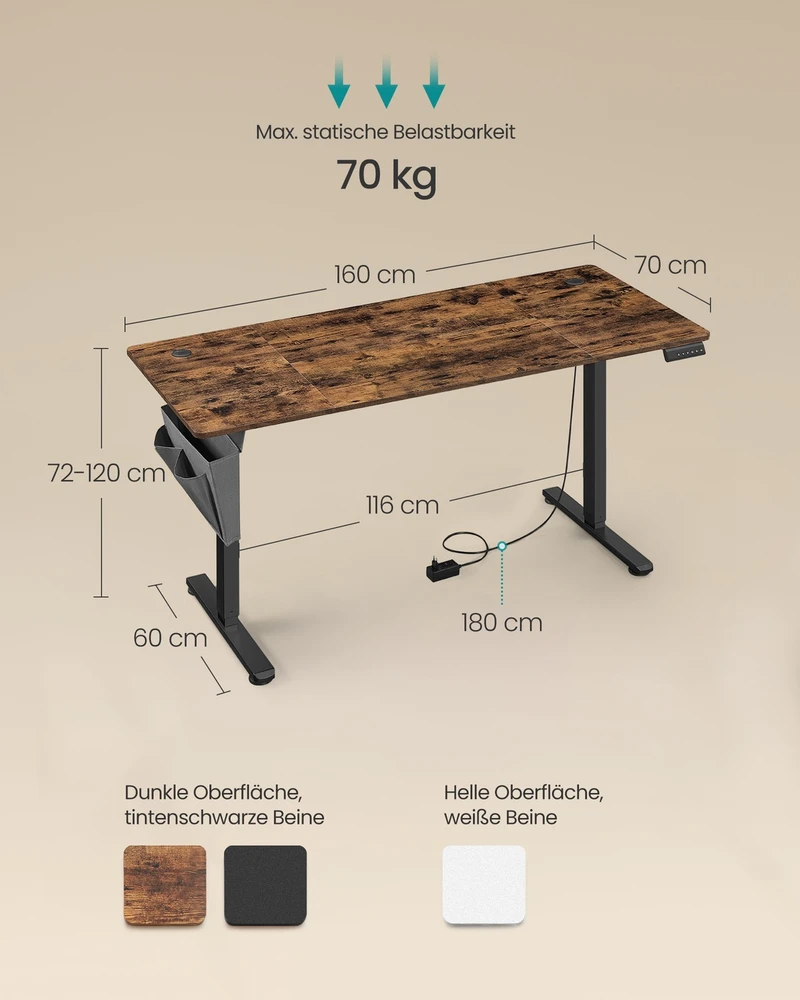Songmics Reguliuojamo aukščio elektrinis stalas 60 x 160 x (72-120) cm