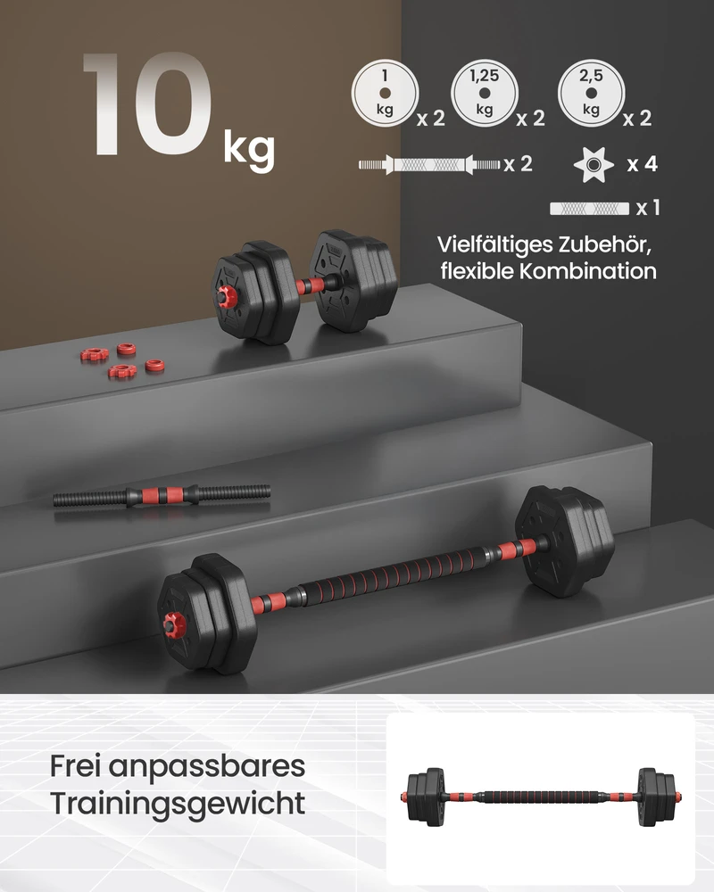 SONGMICS hantelių rinkinys su jungiamąja strypu 10 kg namams, tamsiai juodos spalvos