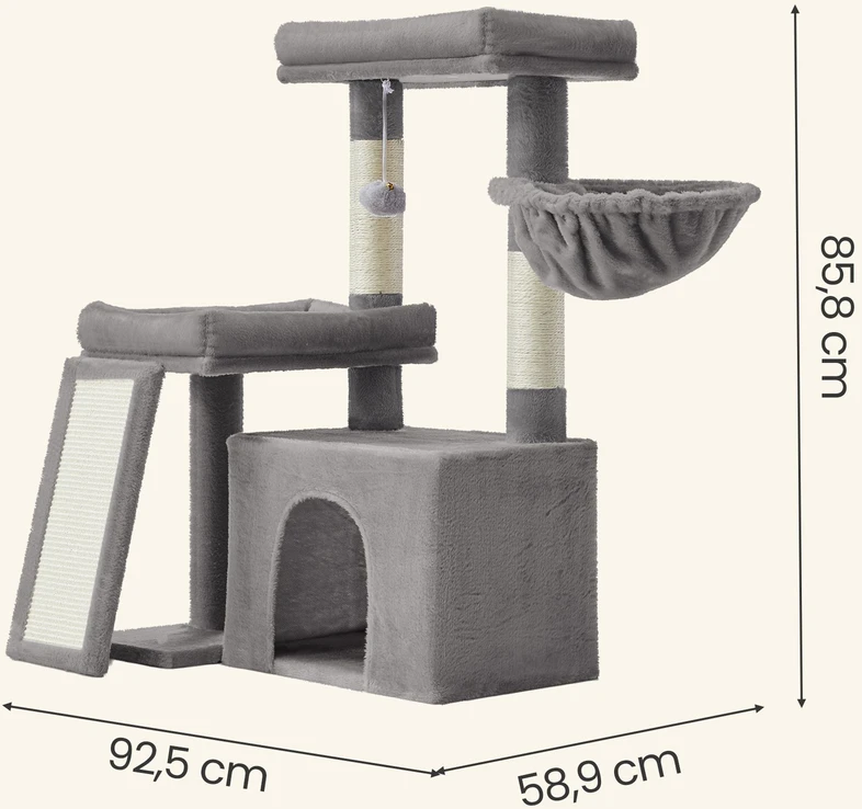 Songmics Kačių draskyklė su urvu ir rampa, šviesiai pilka, 85,8 cm