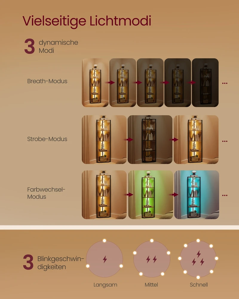 Songmics Vasagle Kampinė lentyna su 5 lygiais ir LED apšvietimu, vintažinė, ruda