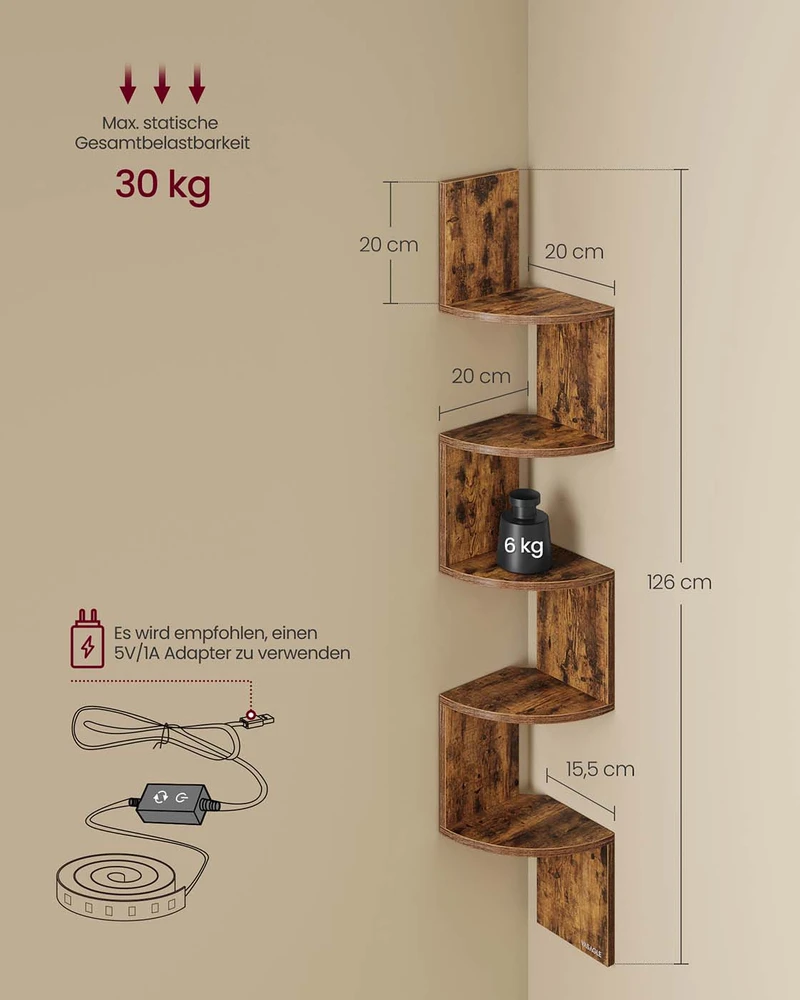 Songmics Kampinė lentyna su LED apšvietimu, 20x20x126 cm