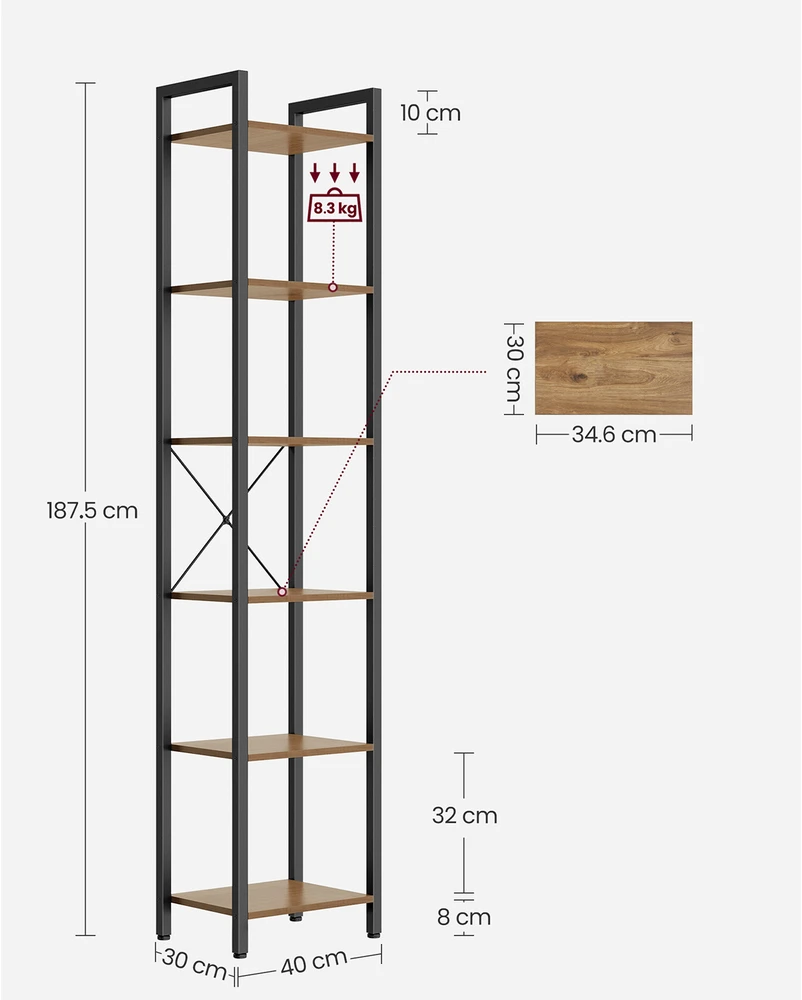 Songmics Vasagle 6 lygių lentyna 30 x 40 x 187,5 cm senovinė ruda-juoda