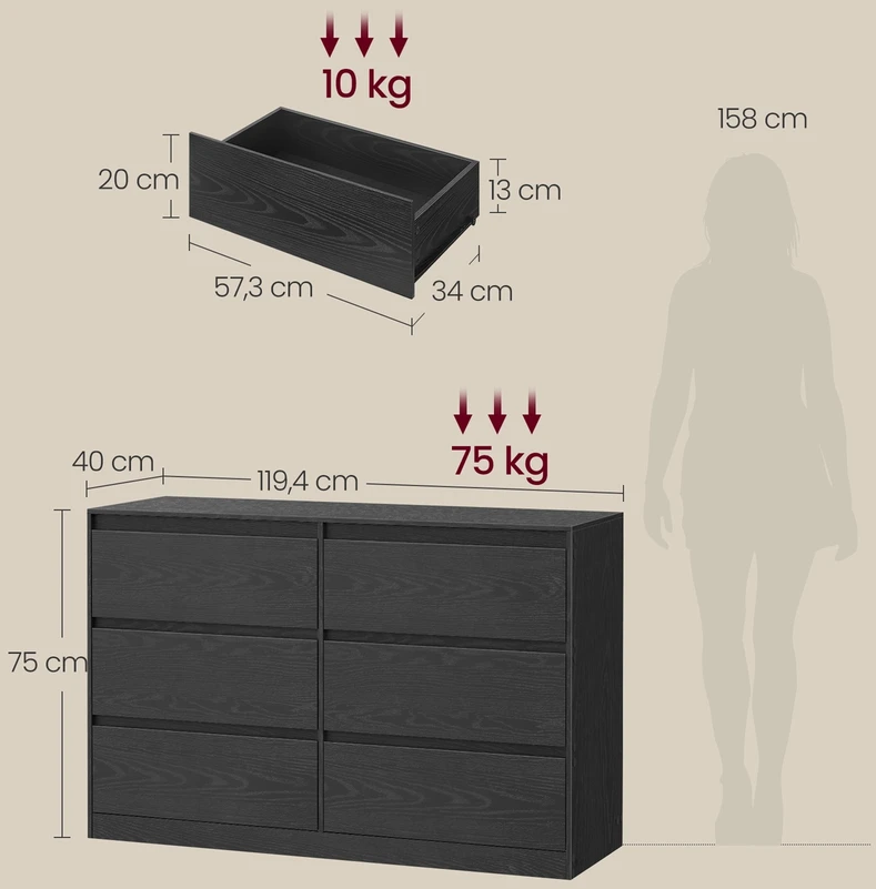 Songmics Komoda su šešiomis stalčiais, 40x119,4x75 cm, juoda